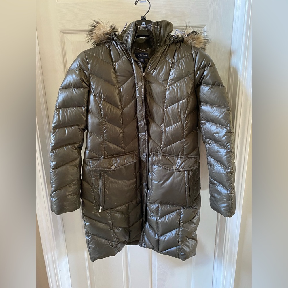 Women's Land's End Knee Length Parka Faux Fur Removable Hood